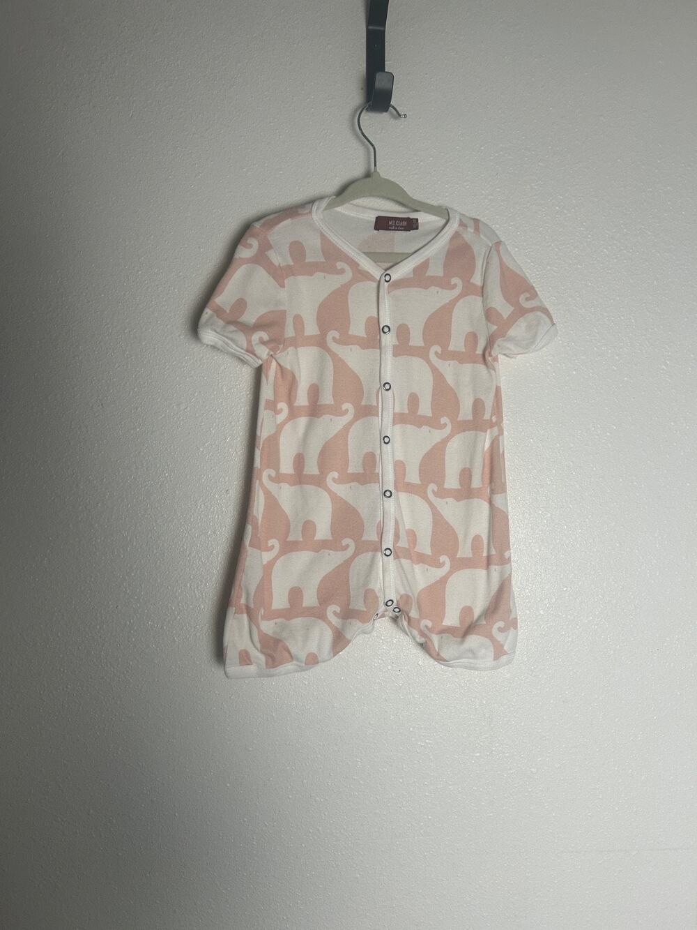 Milkbarn Kids Organic Cotton Snap Shortall Romper Rose Elephant Size 12-18 M